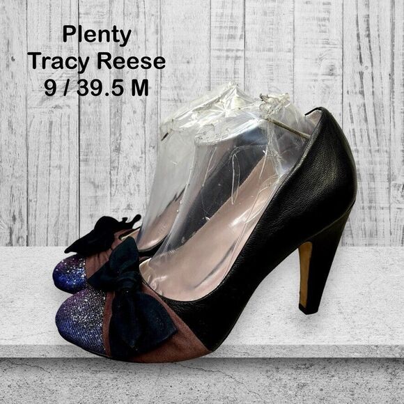 Tracy Reese Shoes - Plenty Tracy Reese Blk Leather Bow Glitter Toe High Heel Pump Womens Size 9/39.5
